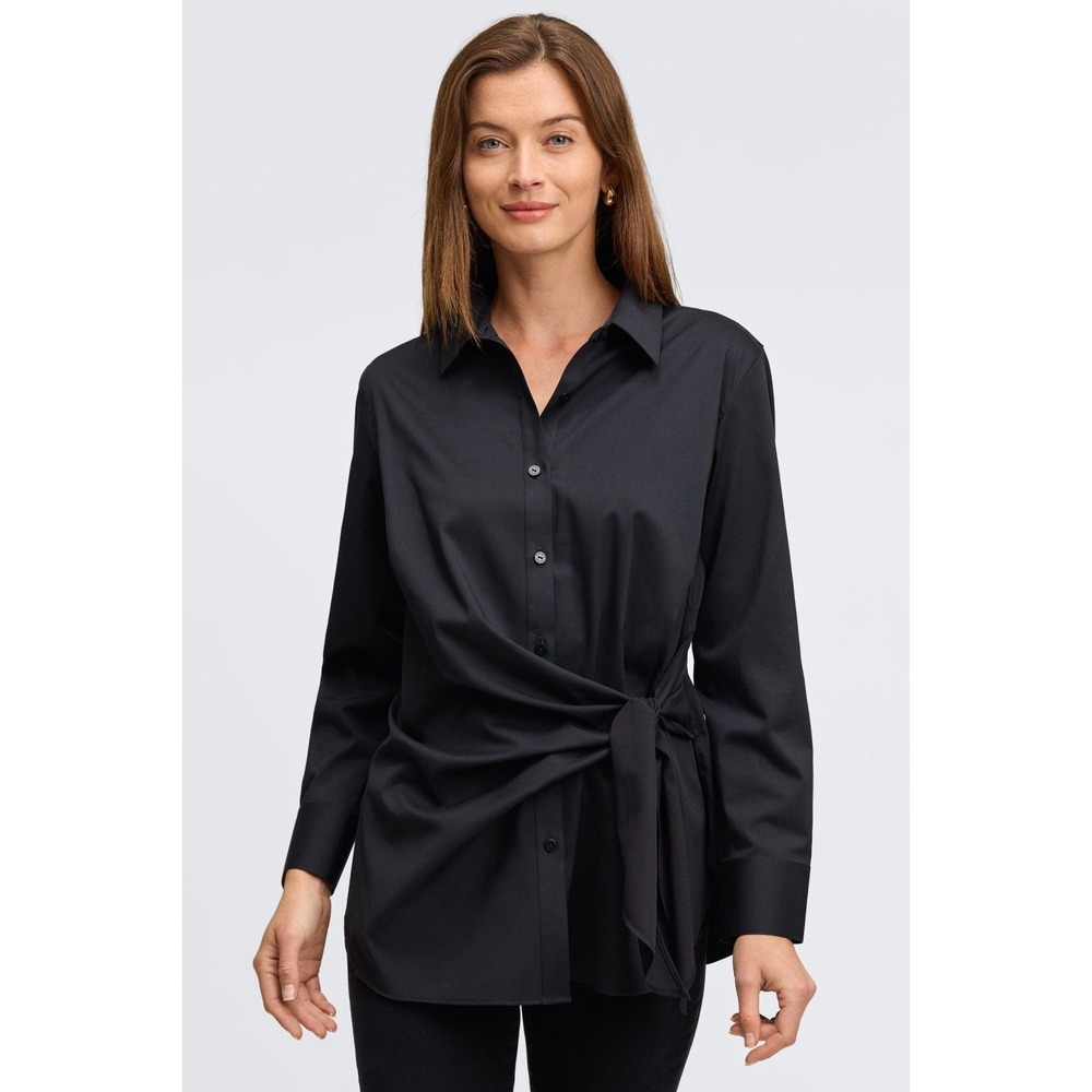 Foxcroft NYC Black Tie Front‎ Long Sleeve Button Down Shirt Blouse Size 2